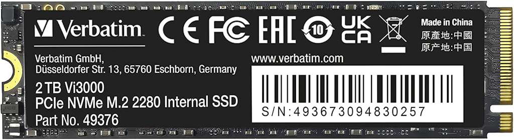 2TB Verbatim Vi3000 PCIe NVMe M.2 3.0 Read 3300MB/s, Write 3000MB/s Solid State Drive
