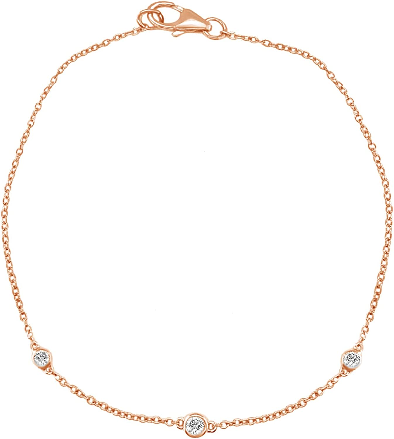 CARAT FOR YOU 1/8 Carat Round Cut Bezel Set with Natural Diamonds 10k Rose Gold Standing 17.78cm Chain Bracelet (I-J Color, I2-I3 Clarity), Metal, Diamonds